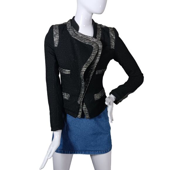 Comme Moi Moto Blazer Size Small Black with Silver Knit Accents Slanted Zipper - Picture 3 of 8